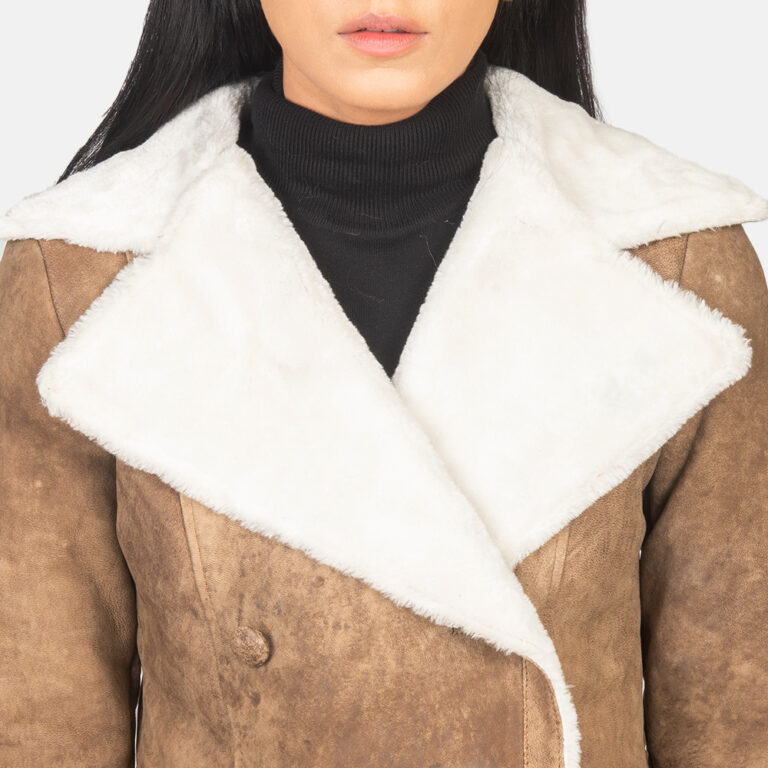 Womens Amie Distressed Brown Double Breasted Shearling Coat Close-Up-9-1652196451655